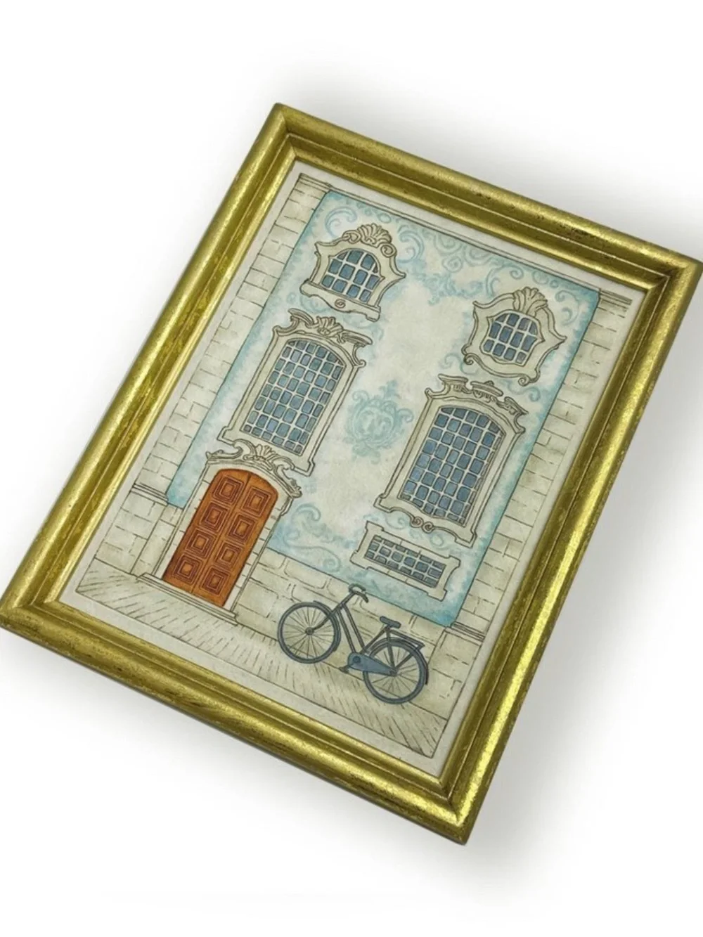 Set of Two Gold-Framed Art Prints - Café Patio and Townhouse Scenes, New!